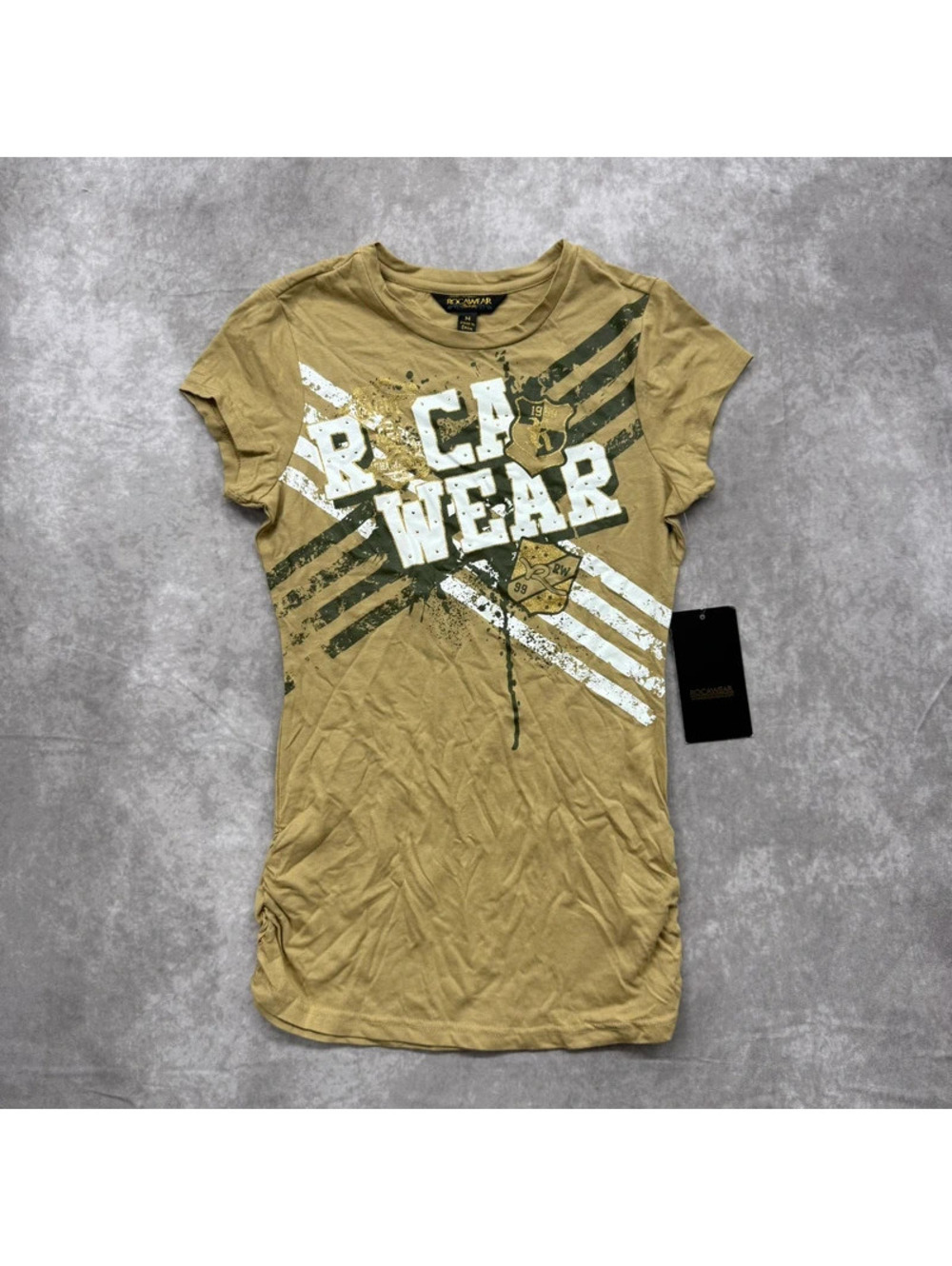 Vintage Y2K Rocawear Olive Green Distressed Crest Graphic Tee Size Medium NWT